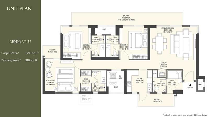 3BHK Apartment Floor Plan at Emaar Serenity Hills, Sector 86 Gurgaon – 1219 sq. ft. Carpet Area and 318 sq. ft. Balcony Area with spacious layout, modern kitchen, and wide balconies overlooking green spaces.