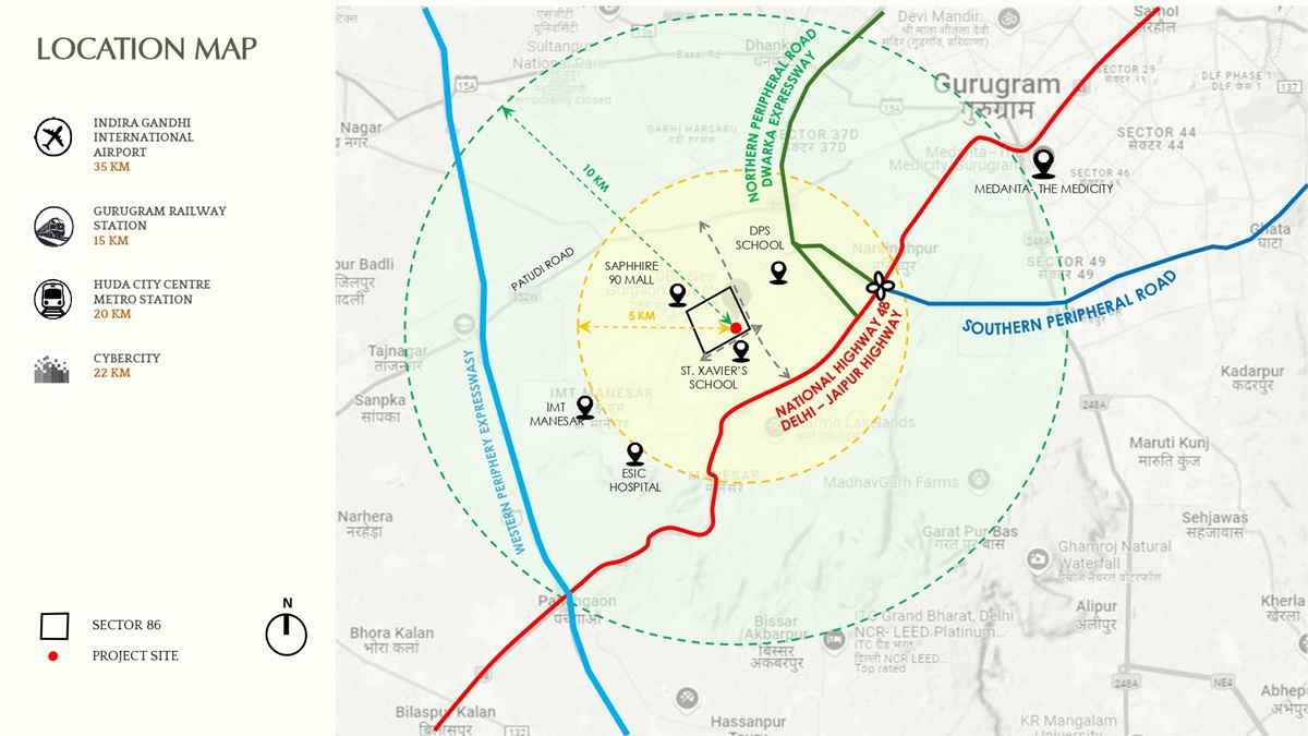 Emaar Serenity Hills Location Map, Sector 86 Gurgaon – showing connectivity to NH-48, Dwarka Expressway, Southern Peripheral Road, and nearby landmarks including Medanta Hospital, Cybercity, and IGI Airport.