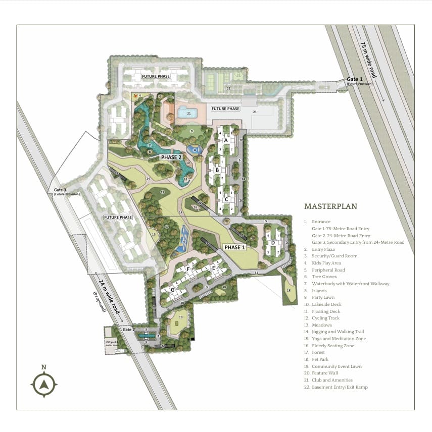 Emaar Serenity Hills Sector 86 Gurgaon Master Plan showing 25.90 acres development, 8 acres central greens, and Phase 1 towers
